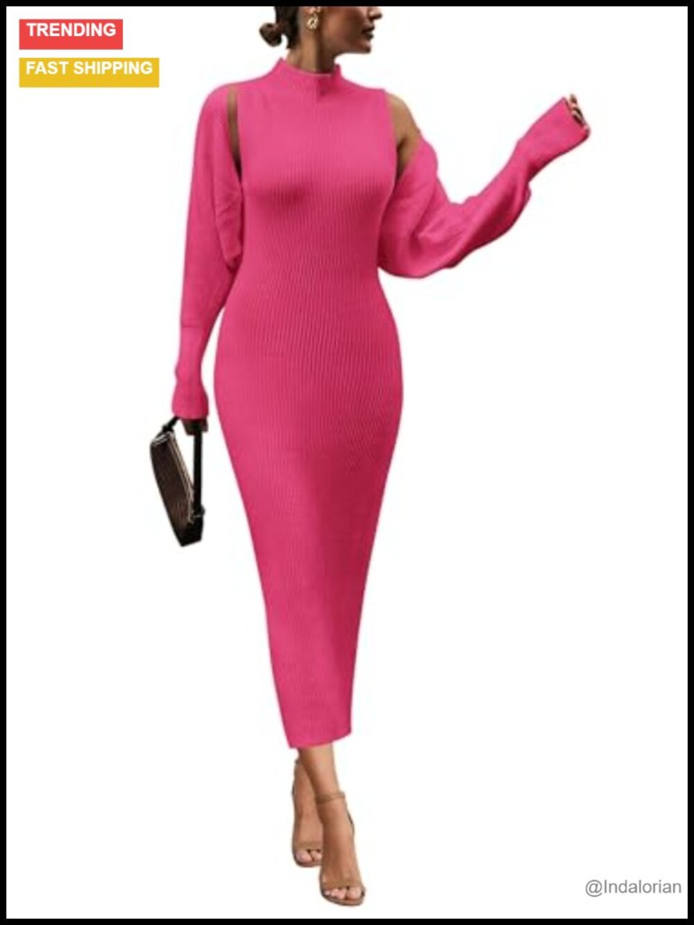Ribbed Knit 2 Piece Sweater Dress Set Mock Neck Batwing Cardigan